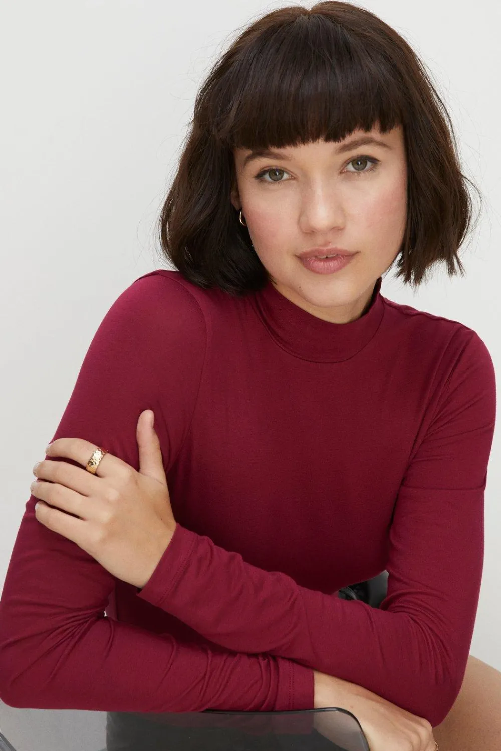 Clearance Oasis Jersey Funnel Neck Long Sleeve Top Berry