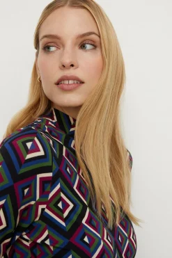 Clearance Oasis Jersey Geo Funnel Neck Belted Midi Dress Multi