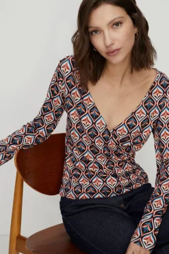 Hot Oasis Jersey Geo Wrap Long Sleeve Top Black