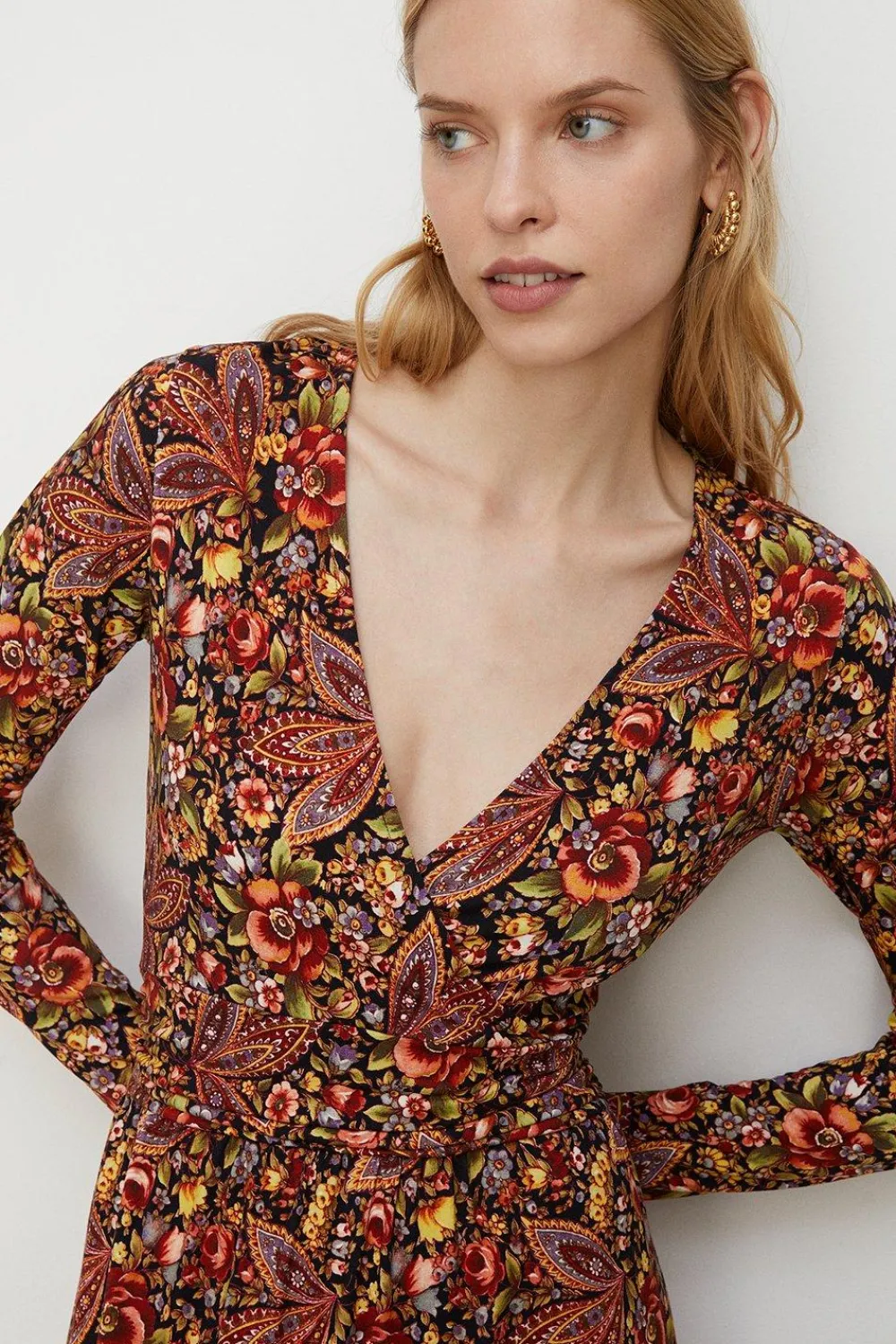 Online Oasis Jersey Paisley Fixed Wrap Midi Dress Red