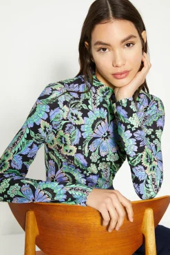 Best Oasis Jersey Paisley Funnel Neck Long Sleeve Top Multi