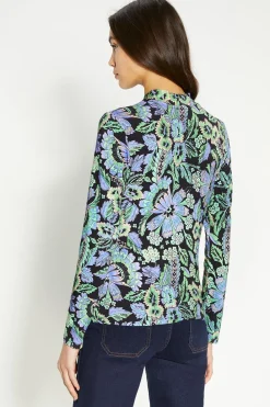 Best Oasis Jersey Paisley Funnel Neck Long Sleeve Top Multi