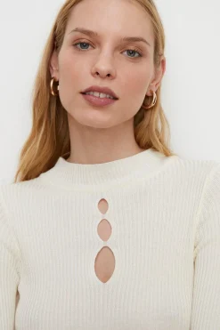 Outlet Oasis Keyhole Cut Out Ribbed Knit Top Ivory