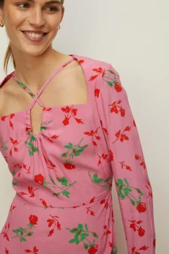 New Oasis Keyhole Detail Printed Midi Dress Rose