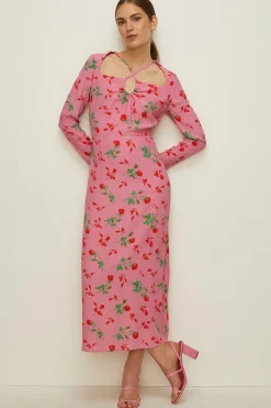 New Oasis Keyhole Detail Printed Midi Dress Rose