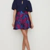 Best Oasis Keyhole Detail Puff Sleeve Jacquard Dress Blue