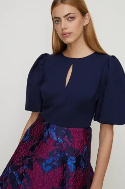 Best Oasis Keyhole Detail Puff Sleeve Jacquard Dress Blue