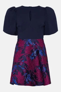 Best Oasis Keyhole Detail Puff Sleeve Jacquard Dress Blue