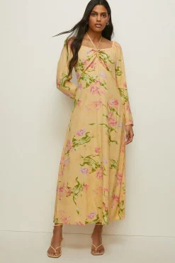 New Oasis Keyhole Tie Detail Floral Printed Midi Dress Amber