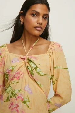 New Oasis Keyhole Tie Detail Floral Printed Midi Dress Amber