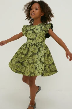 Outlet Oasis Kids Floral Jacquard Ruffle Detail Mini Dress Green