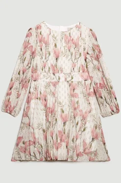Discount Oasis Kids Metallic Floral Pleated Balloon Sleeve Dress Cream