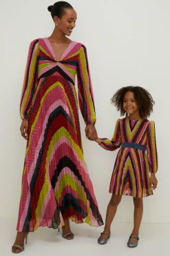 Online Oasis Kids Metallic Pleated Balloon Sleeve Dress Pink