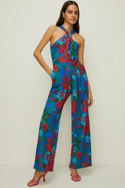 Discount Oasis Knot Detail Bright Floral Scuba Jumpsuit Blue