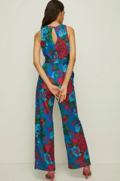 Discount Oasis Knot Detail Bright Floral Scuba Jumpsuit Blue