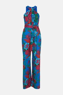 Discount Oasis Knot Detail Bright Floral Scuba Jumpsuit Blue