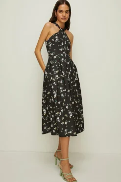 New Oasis Knot Detail Ditsy Print Scuba Midi Dress Black