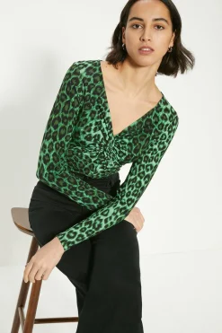Fashion Oasis Knot Front Animal Printed Top Green