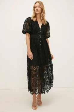 Online Oasis Lace Button Through Midaxi Dress Black