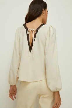 New Oasis Lace Detail Tie Back Top Ivory