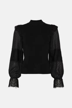 Fashion Oasis Lace Detail Woven Mix Jumper Black