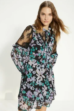 Best Oasis Lace Detailed Floral Ruffle Tie Neck Skater Dress Lilac