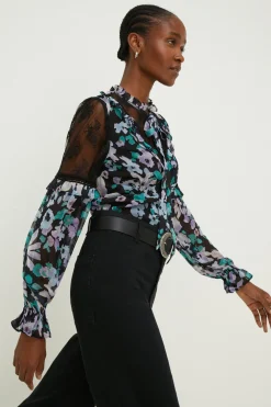 Online Oasis Lace Detailed Floral Ruffle Tie Neck Blouse Lilac
