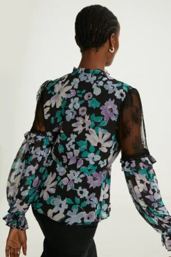 Online Oasis Lace Detailed Floral Ruffle Tie Neck Blouse Lilac