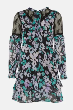 Best Oasis Lace Detailed Floral Ruffle Tie Neck Skater Dress Lilac
