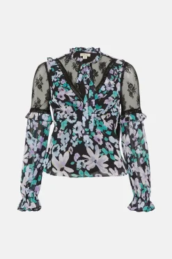 Online Oasis Lace Detailed Floral Ruffle Tie Neck Blouse Lilac