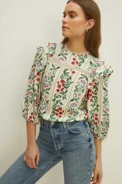 Discount Oasis Lace Insert 3/4 Sleeve Printed Woven Top White