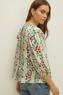 Discount Oasis Lace Insert 3/4 Sleeve Printed Woven Top White