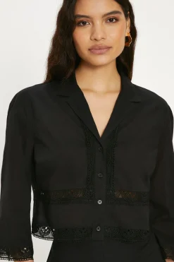 Fashion Oasis Lace Insert Cotton Resort Shirt Black