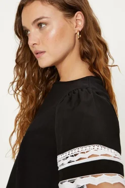 Sale Oasis Lace Insert Poplin Sleeve Top Black