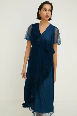 Online Oasis Lace Mix Velvet Wrap Midi Dress Midnight