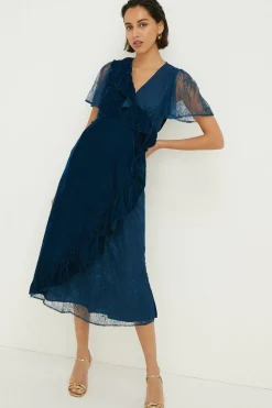 Online Oasis Lace Mix Velvet Wrap Midi Dress Midnight
