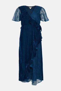 Online Oasis Lace Mix Velvet Wrap Midi Dress Midnight