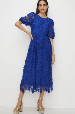 Best Oasis Lace Puff Sleeve Midi Dress Cobalt