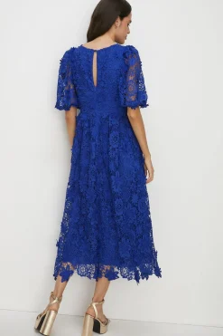 Best Oasis Lace Puff Sleeve Midi Dress Cobalt