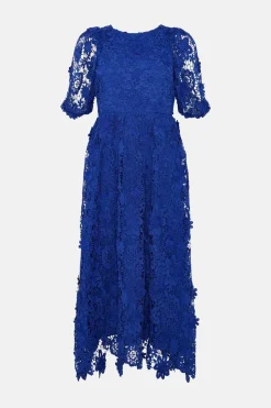 Best Oasis Lace Puff Sleeve Midi Dress Cobalt