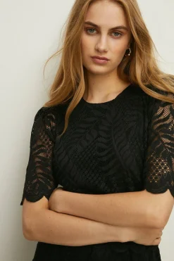 Outlet Oasis Lace Scalloped Hem Tiered Midi Dress Black
