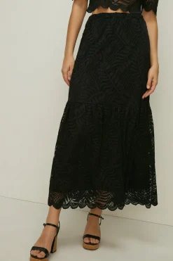 New Oasis Lace Scalloped Hem Tiered Skirt Co-Ord Black