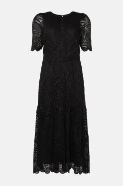 Outlet Oasis Lace Scalloped Hem Tiered Midi Dress Black