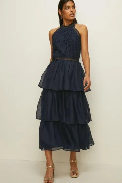Sale Oasis Lace Tiered Halter Neck Midi Dress Navy