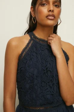 Sale Oasis Lace Tiered Halter Neck Midi Dress Navy