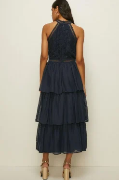 Sale Oasis Lace Tiered Halter Neck Midi Dress Navy