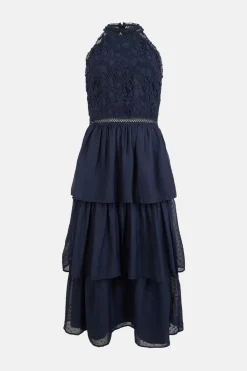 Sale Oasis Lace Tiered Halter Neck Midi Dress Navy