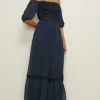 Outlet Oasis Lace Trim Dobby Bardot Maxi Dress Navy