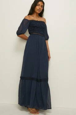 Outlet Oasis Lace Trim Dobby Bardot Maxi Dress Navy