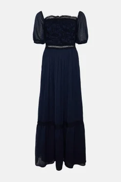 Outlet Oasis Lace Trim Dobby Bardot Maxi Dress Navy